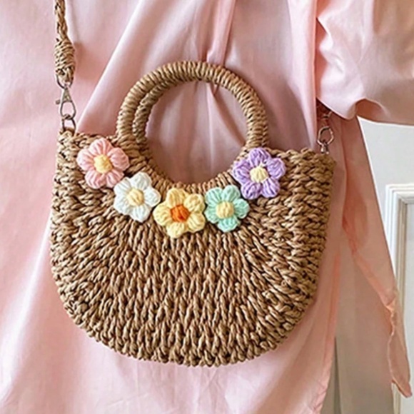 Boho Straw Crochet Colorful Flowers Crossbody Shoulder Tote Bag - Picture 5 of 5